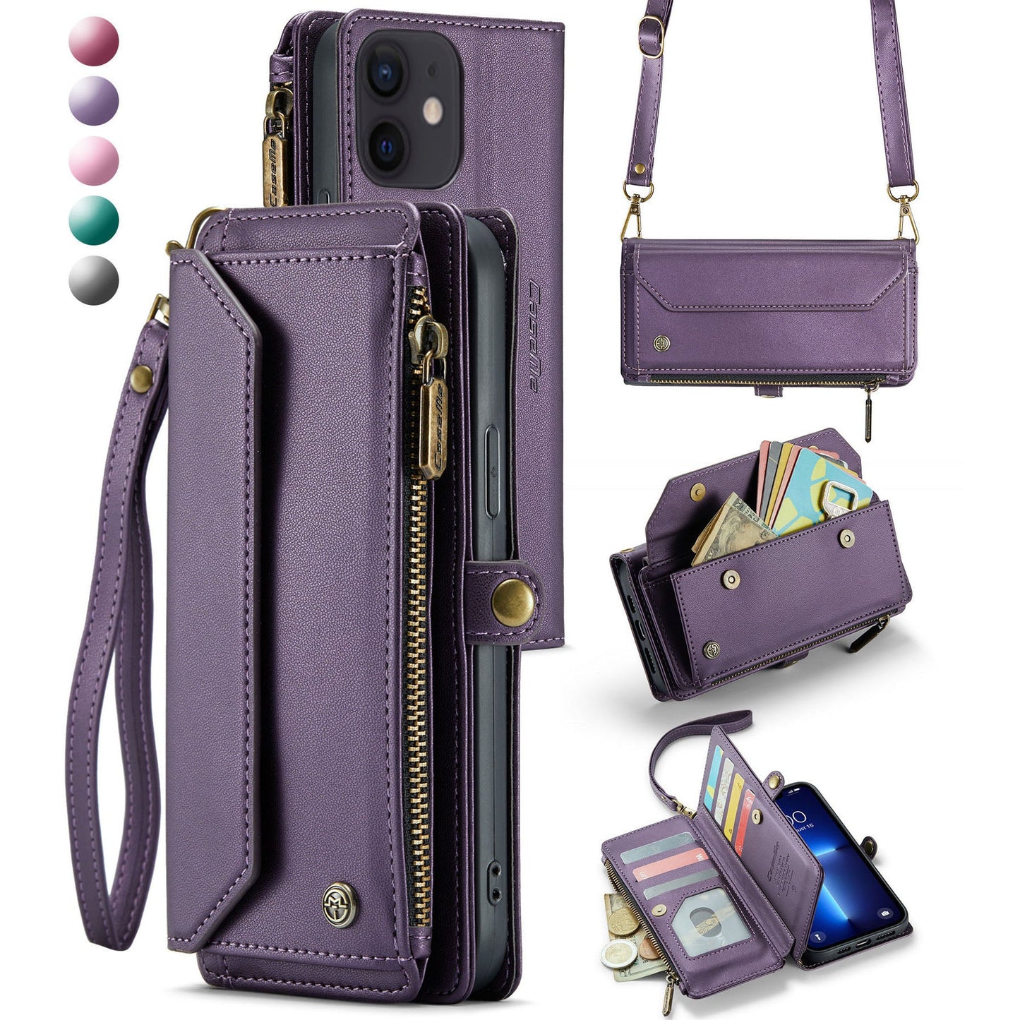 New RFID Blocking Zipper Wallet Supports Wireless Charging with Long and Short Lanyard Leather Phone Case for iPhone 11/11 Pro/11 Pro Max
