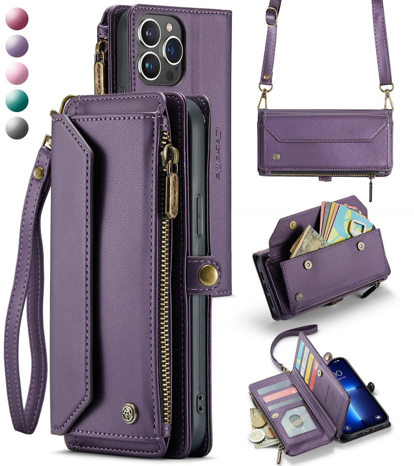 New RFID Blocking Zipper Wallet Supports Wireless Charging with Long and Short Lanyard Leather Phone Case for iPhone16/16e/16 Pro/16 Plus/16 Pro Max