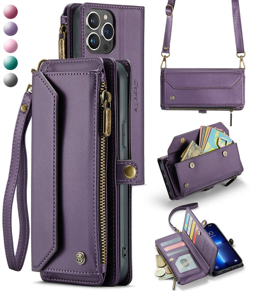 New RFID Blocking Zipper Wallet Supports Wireless Charging with Long and Short Lanyard Leather Phone Case for iPhone16/16e/16 Pro/16 Plus/16 Pro Max