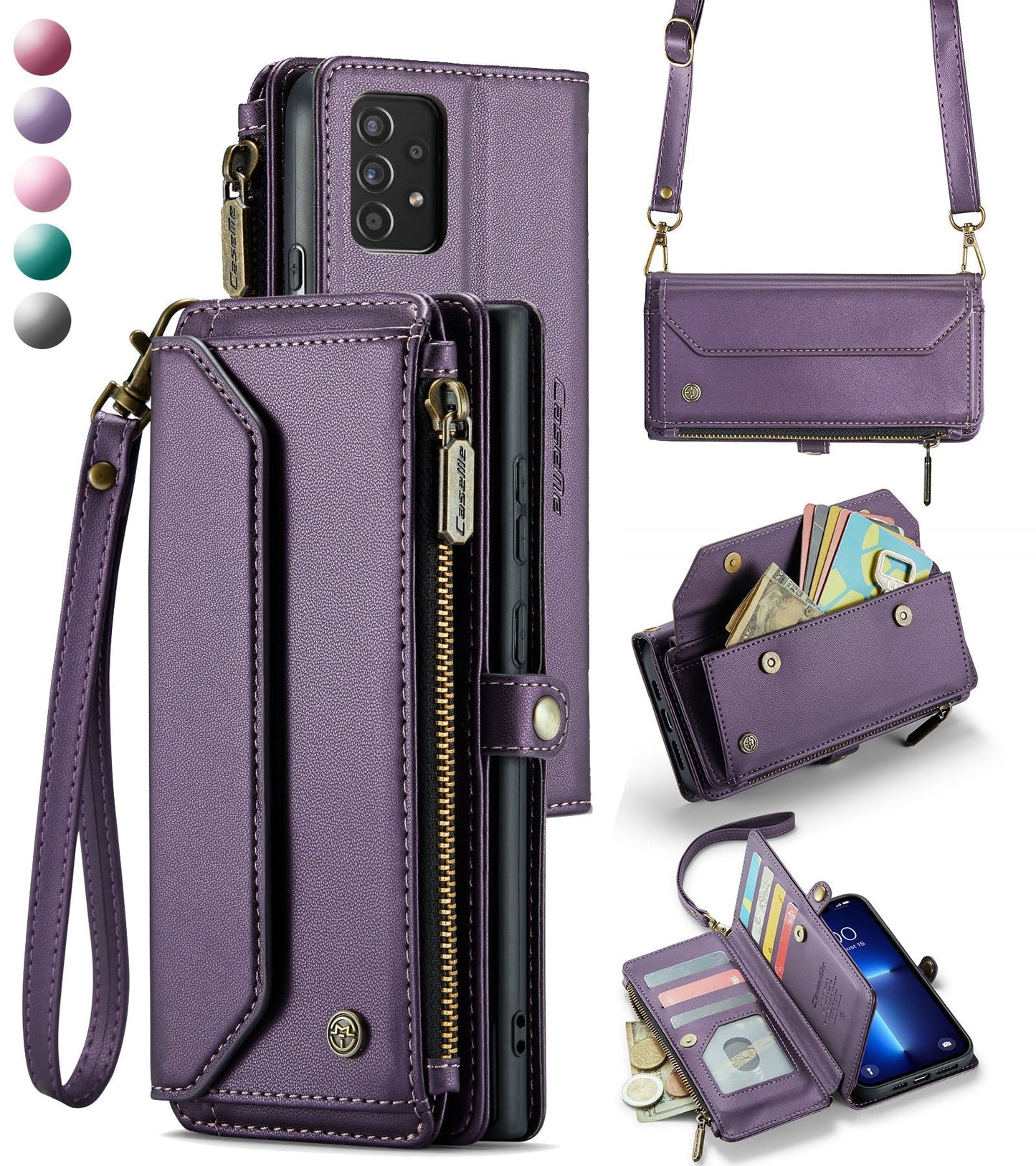New RFID Blocking Zipper Wallet Supports Wireless Charging with Long and Short Lanyard Leather Phone Case for Samsung Galaxy A