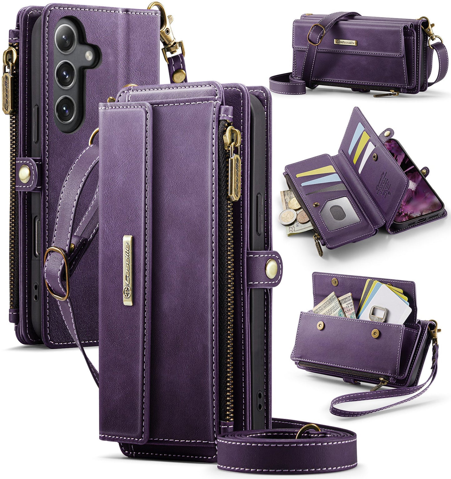 New RFID Blocking Zipper Wallet Supports Wireless Charging with Long and Short Lanyard Leather Phone Case for Samsung