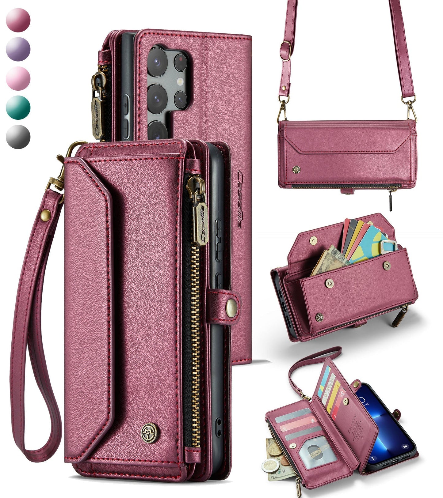 New RFID Blocking Zipper Wallet Supports Wireless Charging with Long and Short Lanyard Leather Phone Case for Samsung Galaxy S25/S25+/S25 Ultra