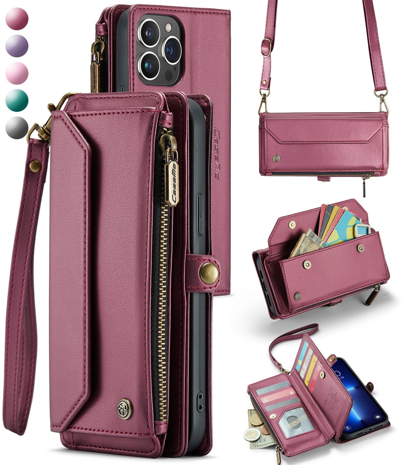 New RFID Blocking Zipper Wallet Supports Wireless Charging with Long and Short Lanyard Leather Phone Case for iPhone16/16e/16 Pro/16 Plus/16 Pro Max