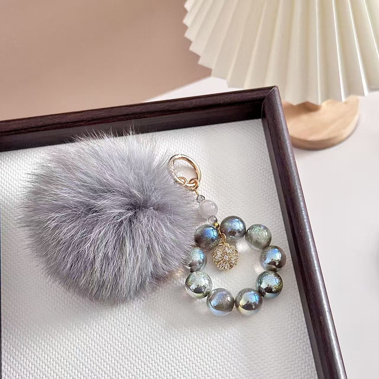 New Aurora Crystal & Fox Fur Charm Keychain Phone Lanyard